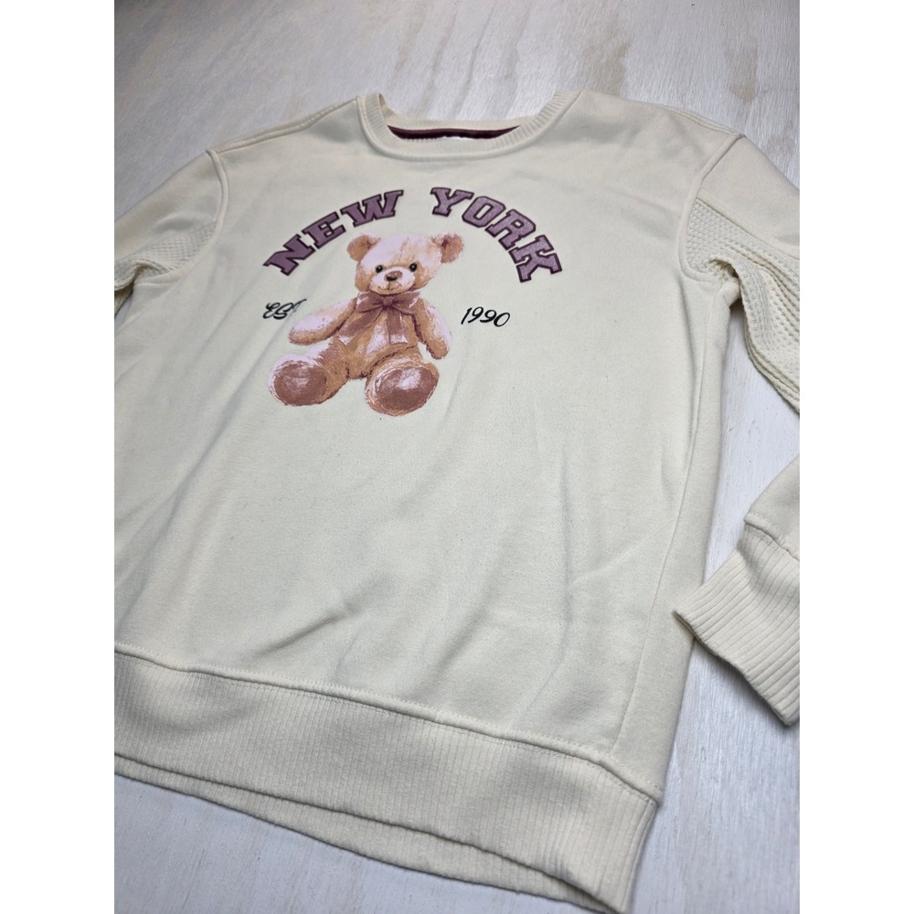 Colorful Planet Kids New York Teddy Bear Sweatshirt Cream Waffle Sleeve L 12
